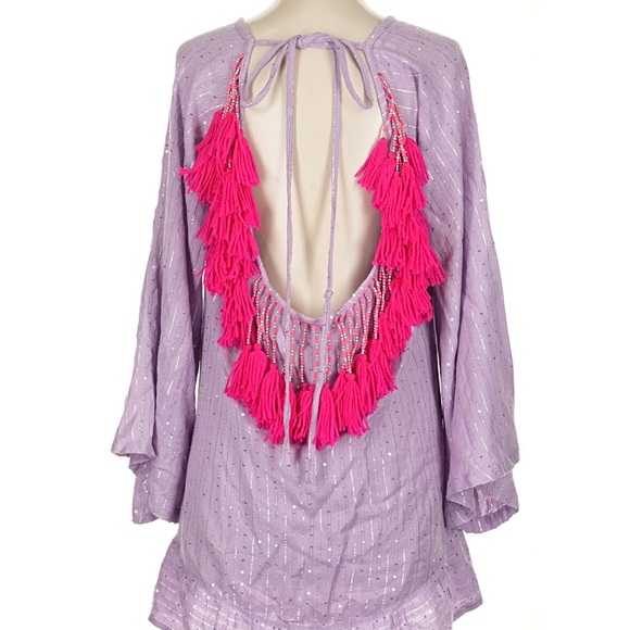 Sundress womans Indiana Lilac Mini Dress with Fuchsia Tassel Back size XS - Picture 3 of 3